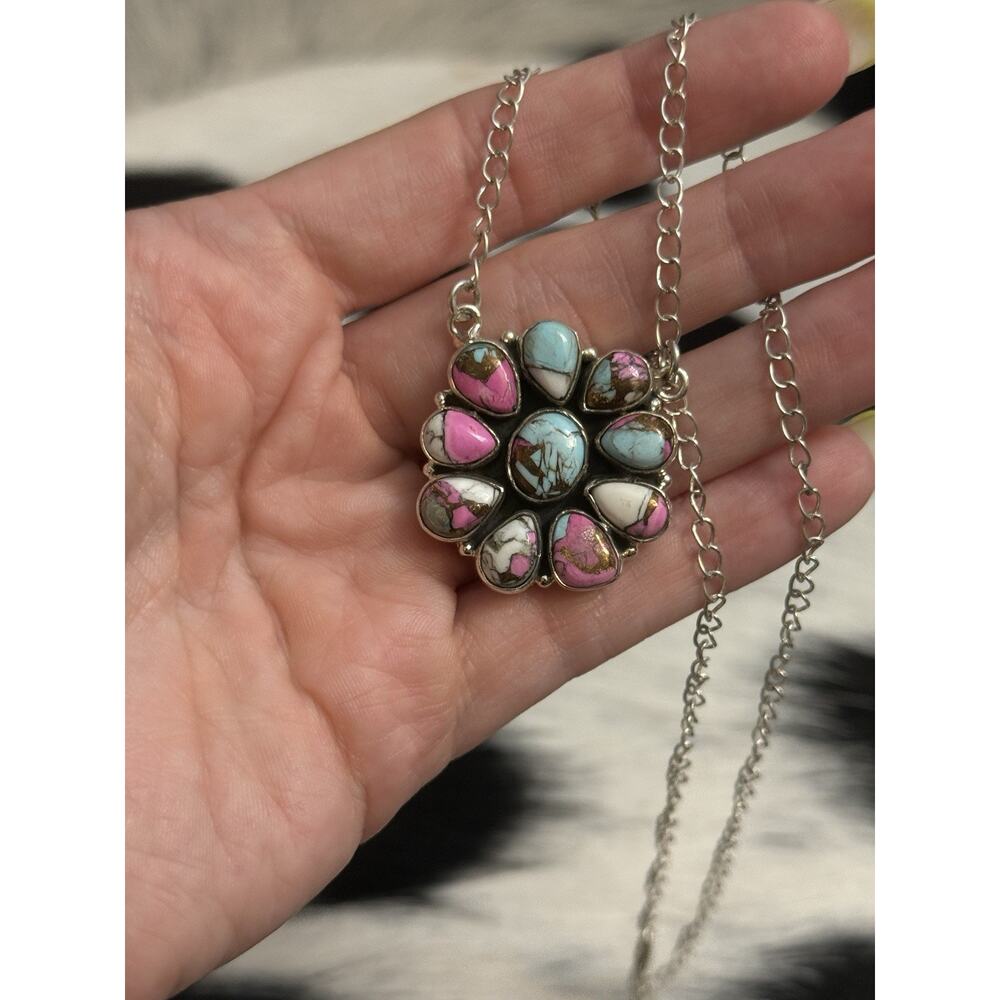Native Southwest Sterling Silver Cotton Candy Turquoise Cluster Pendant Necklace